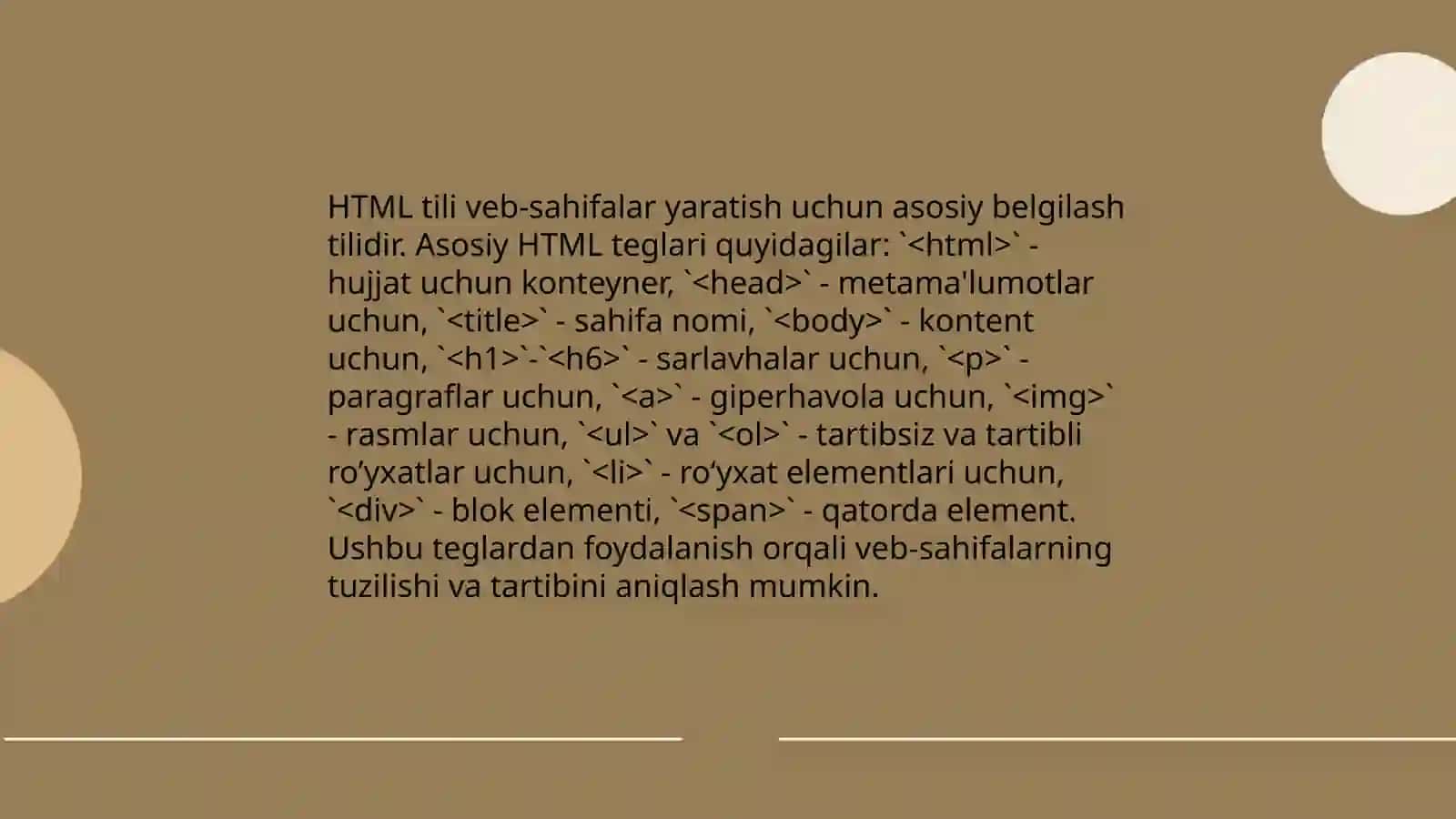 HTML teglar, HTML jadvallar, HTML roʻyxatlari nima 3