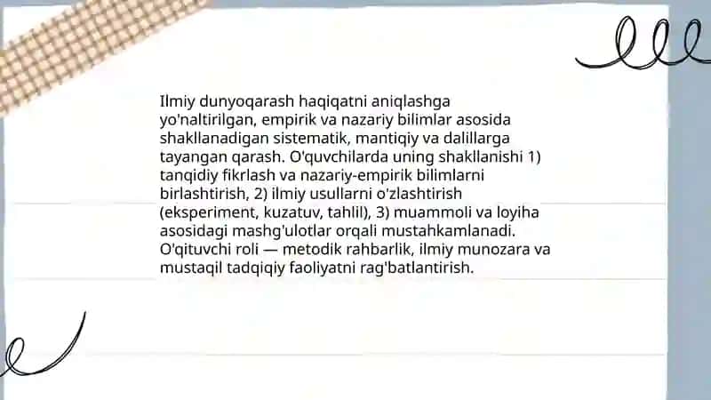 O'quvchilarning ilmiy dunyoqarashini shakllantirish.O'quvchilarning aqliy tarbiyasi 3
