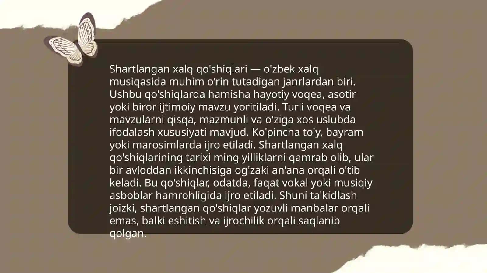 Shartlangan va shartlanmagan oʻzbek xalq musiqa folklori turlari va janrlari 3