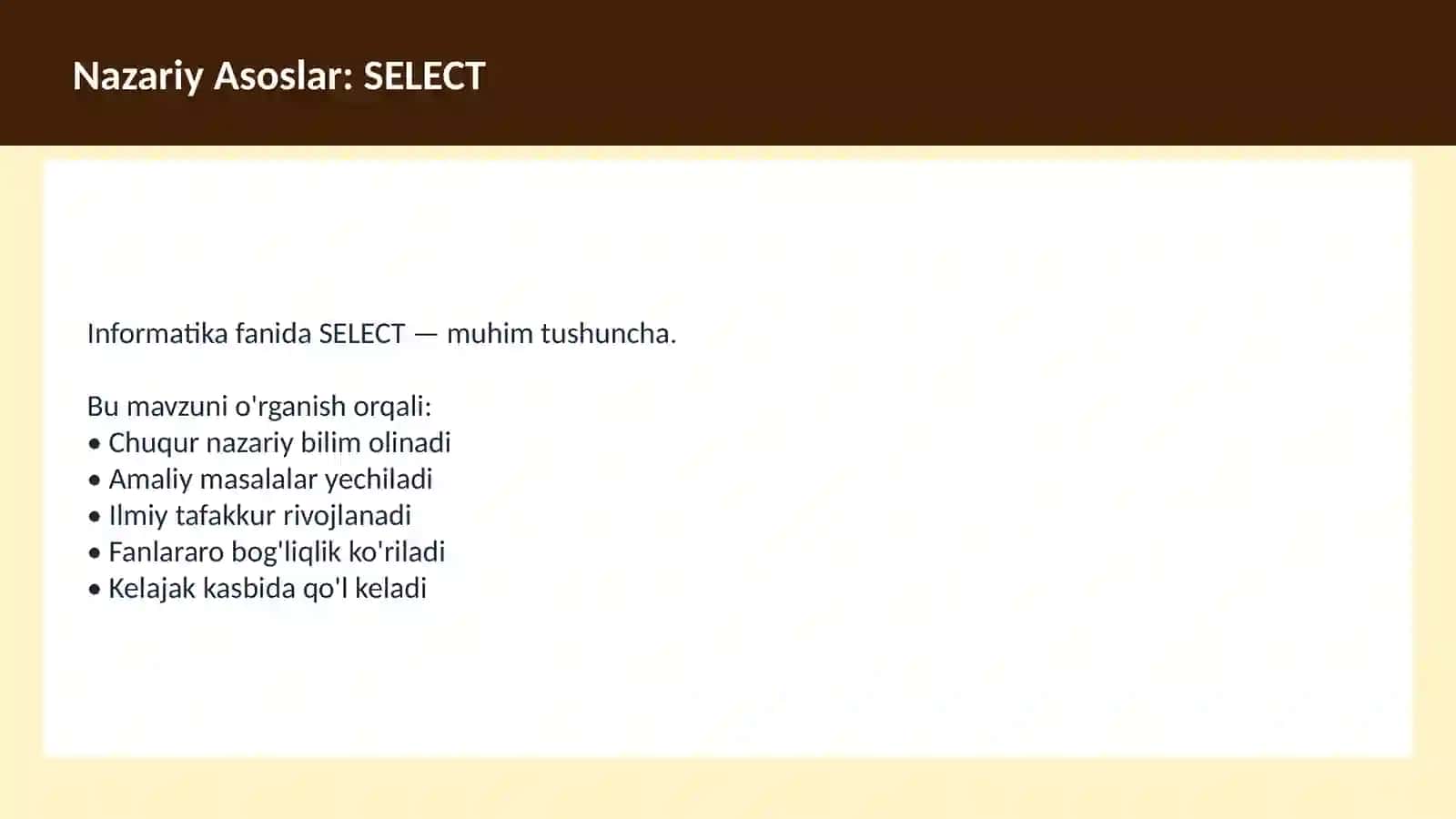 SQL O'qituvchilar va talabalar uchun dars ishlanma 3