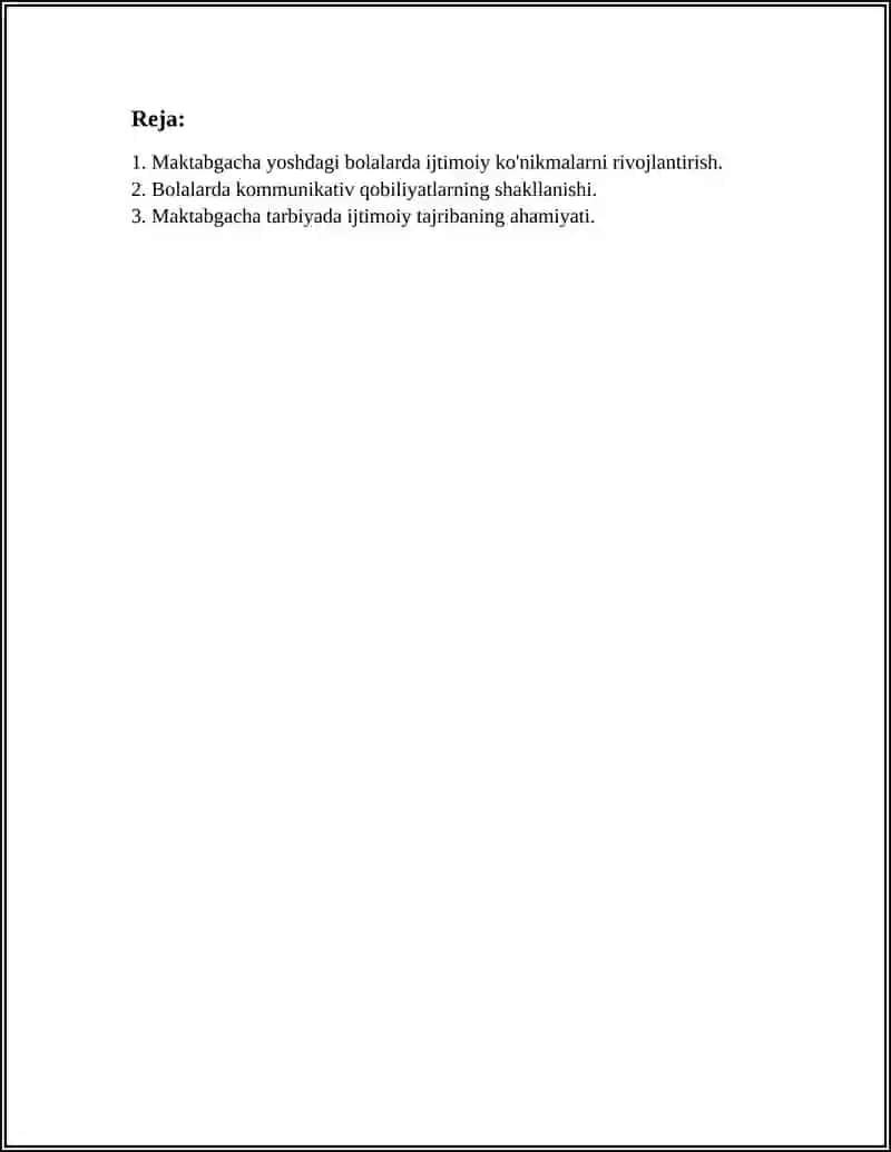 MAKTABGACHA YOSHDAGI BOLALARDA IJTIMOIY TAJRIBANI SHAKLLANTIRISH REFERAT 3