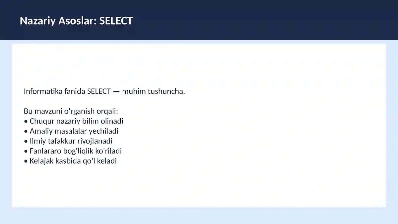 SQL O'qituvchilar va talabalar uchun dars ishlanma 3