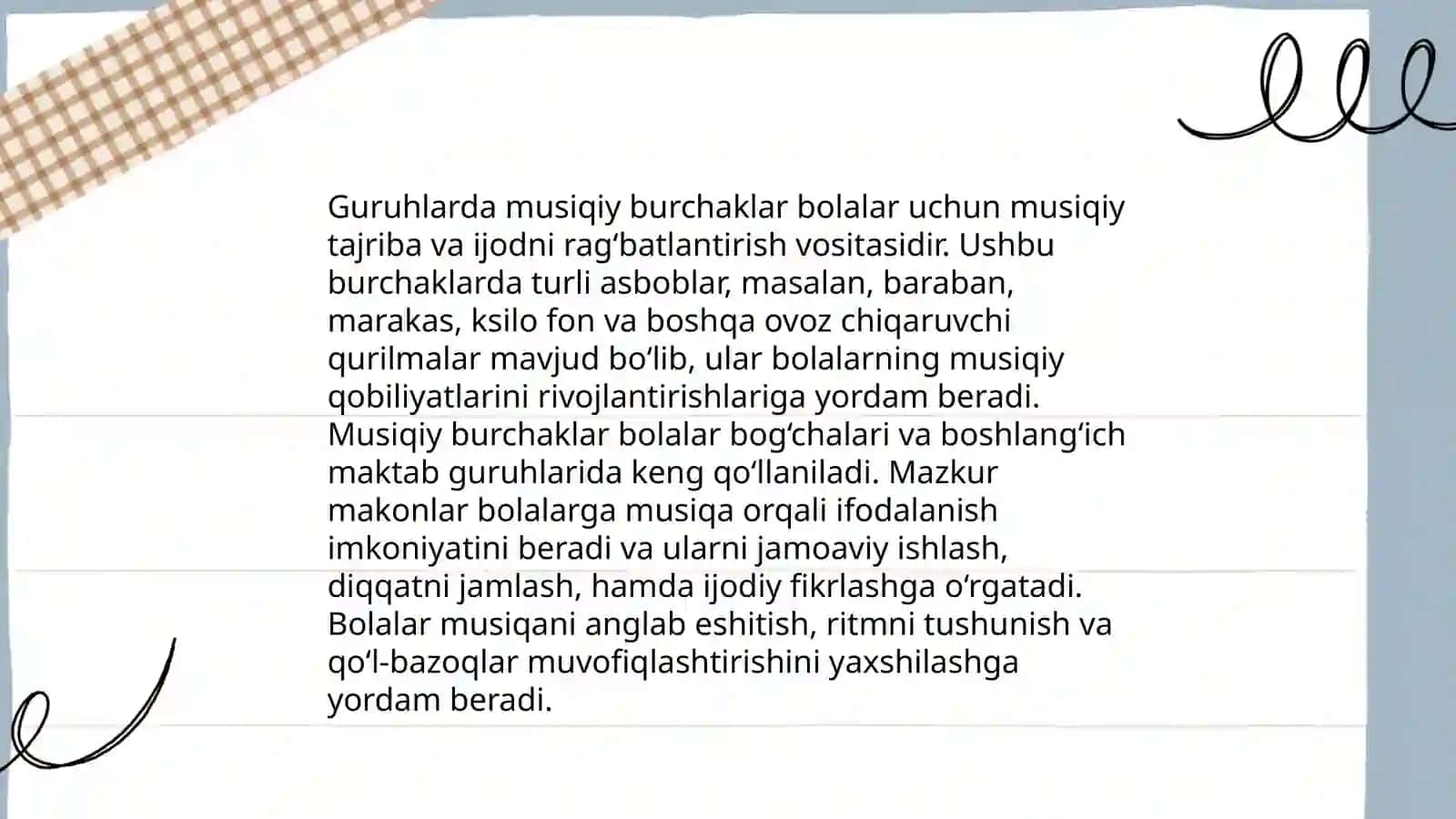 Guruhlarda musiqiy burchaklarni tashkil etish va uning faoliyatini tashkil etishda musiqa rahbarining o'rni 3