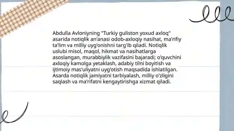 Abdulla Avloniyning "Turkiy guliston yoxud axloq" asarida notiqlik 3