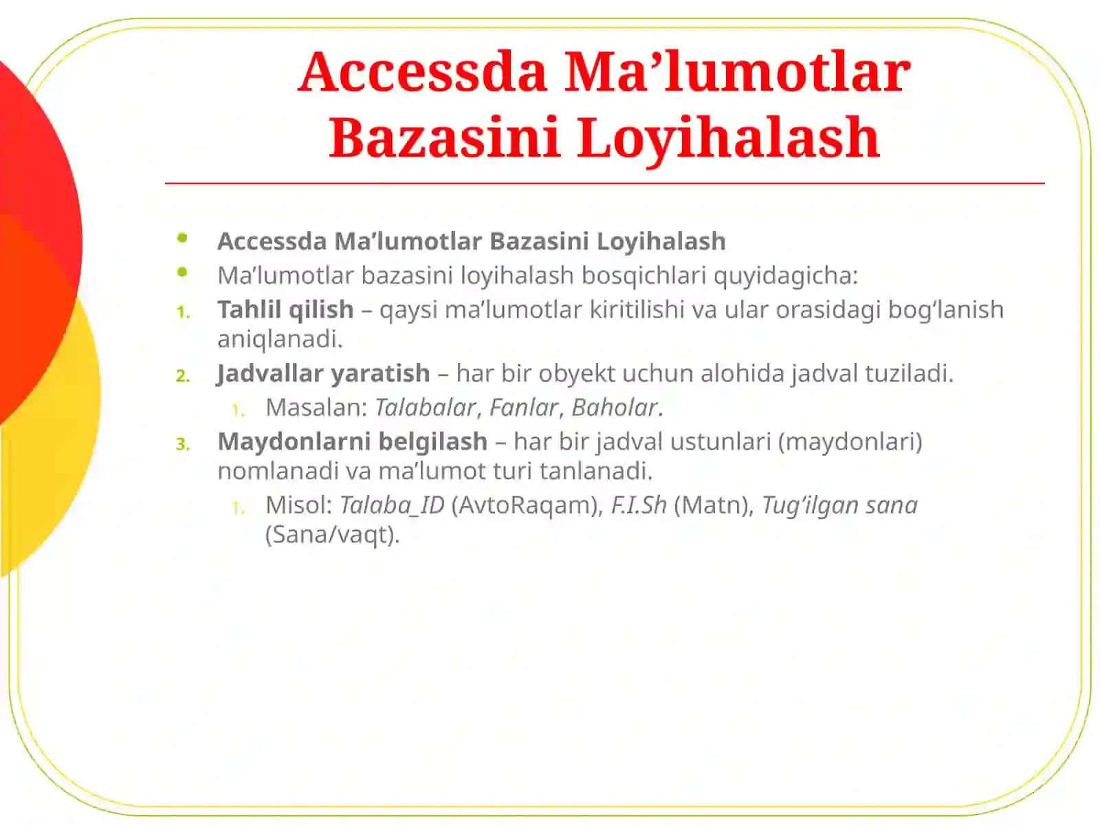Microsoft Access’da Ma’lumotlar Bazasini Loyihalash 3