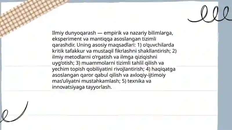 Ilmiy dunyoqarashni shakllantirish va oʻquvchilarni aqliy tarbiyalash Ergasheva Nilufar 3