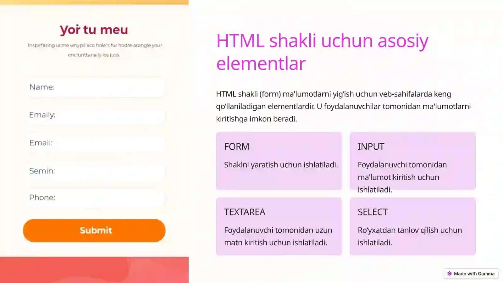 HTML formatlash: Shakl va Funktsiyalar 3