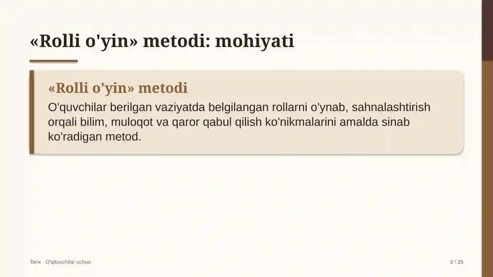 tarix darslarida rolli o'yin metodidan foydalanish 6201 3