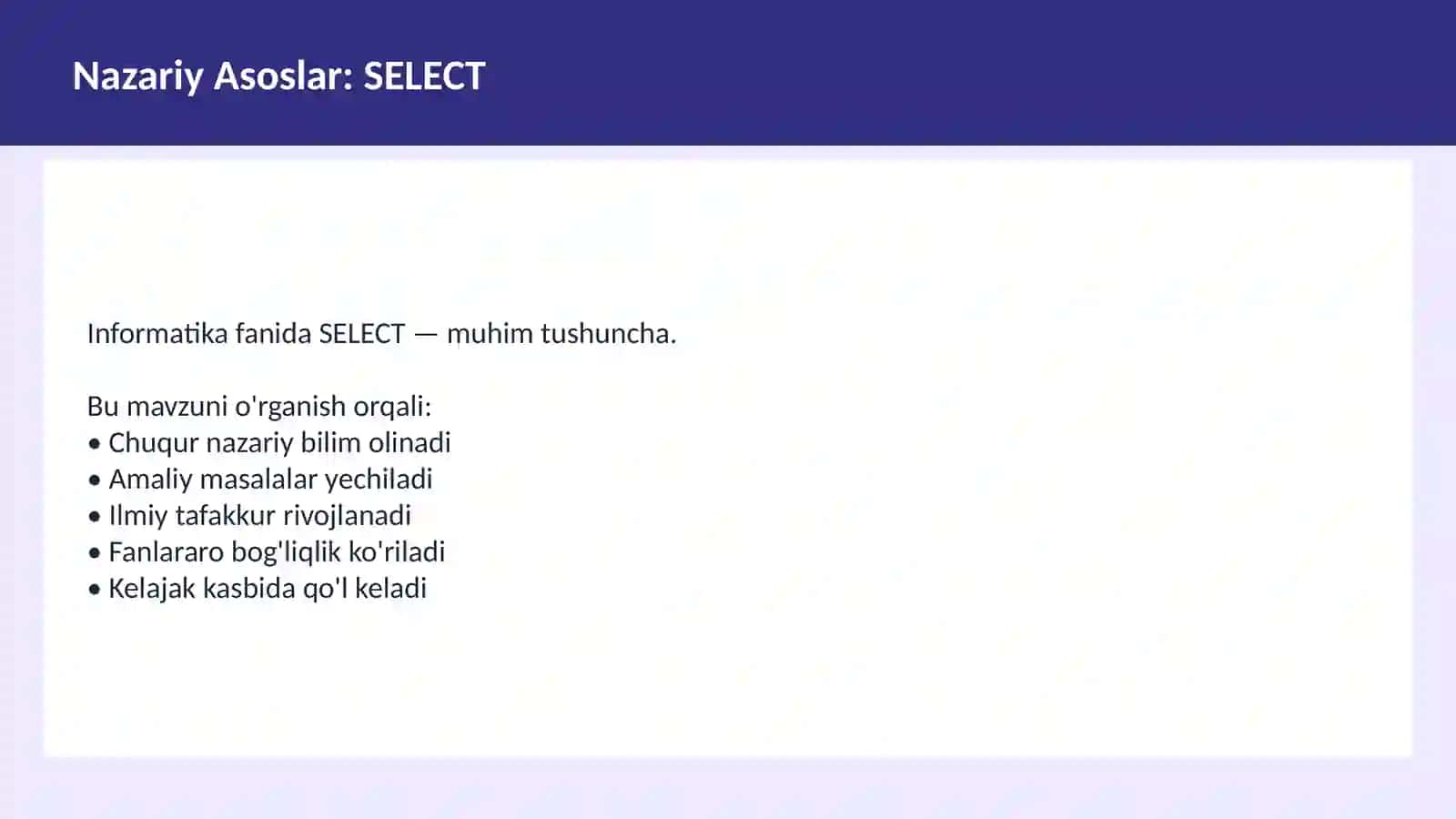 INFORMATIKA SQL O'qituvchilar va talabalar uchun dars ishlanma 3