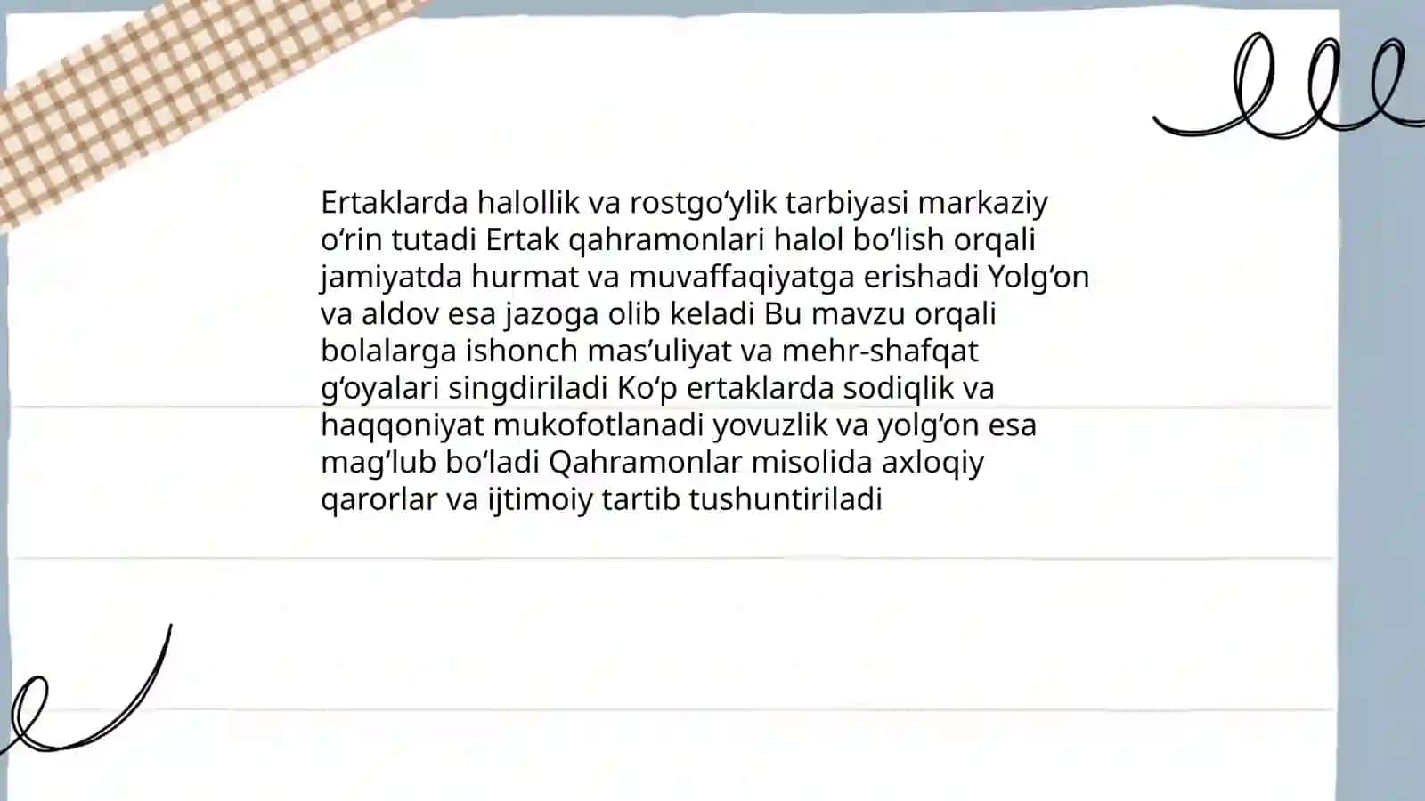 O'zbek xalq og'zaki ijodida (ertaklar, dostonlar) tarbiya g'oyalari. 4 3
