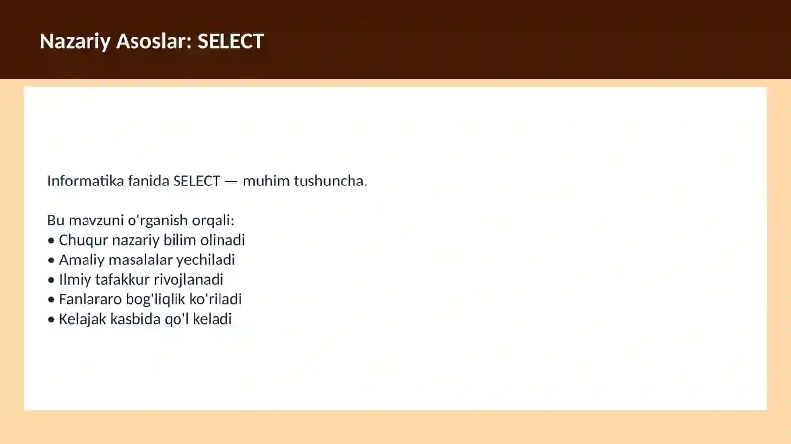 SQL O'qituvchilar va talabalar uchun dars ishlanma 3
