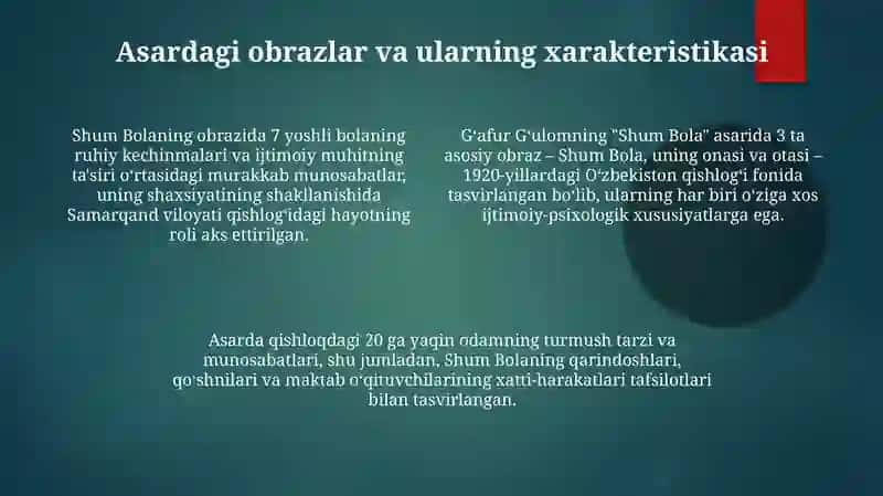 Shum Bola asarlari tahlili 4