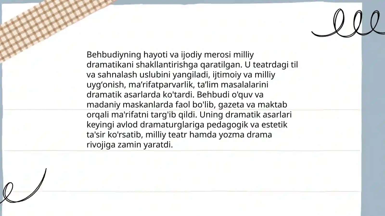 XX asr boshlaridagi milliy dramaturgiya. Behbudiy ijodi misolida oʻrganish 4