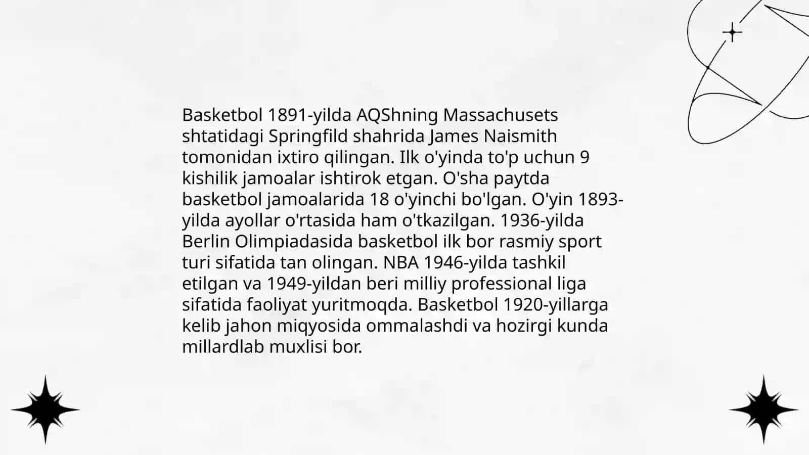 Basketbol oʻyinining kelib chiqishi va rivojlanish tarixi 4