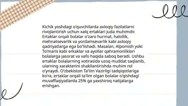 Kichik yoshdagi maktab oʻquvchilarini odob-axloqiy tarbiyalashda xalq ijodining tarbiyaviy ahamiyati 4