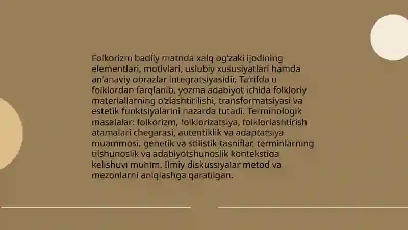Folklor va badiiy adabiyot munosabatlari.Folkorizm tushunchasi 4