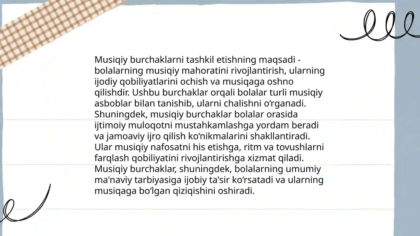 Guruhlarda musiqiy burchaklarni tashkil etish va uning faoliyatini tashkil etishda musiqa rahbarining o'rni 4