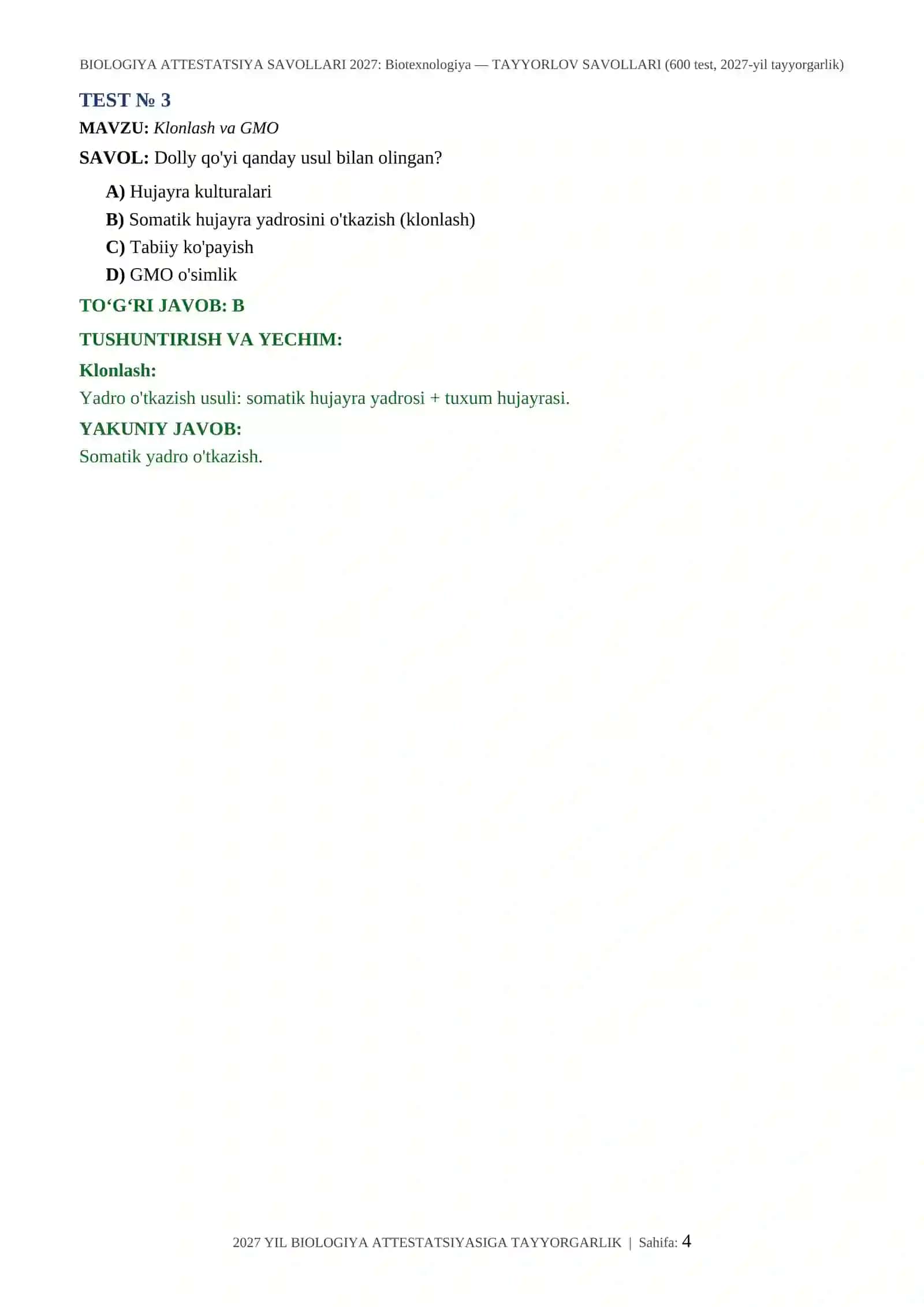 BIOLOGIYA ATTESTATSIYA SAVOLLARI 2027: Biotexnologiya — TAYYORLOV SAVOLLARI (600 test, 2027-yil tayyorgarlik) 4