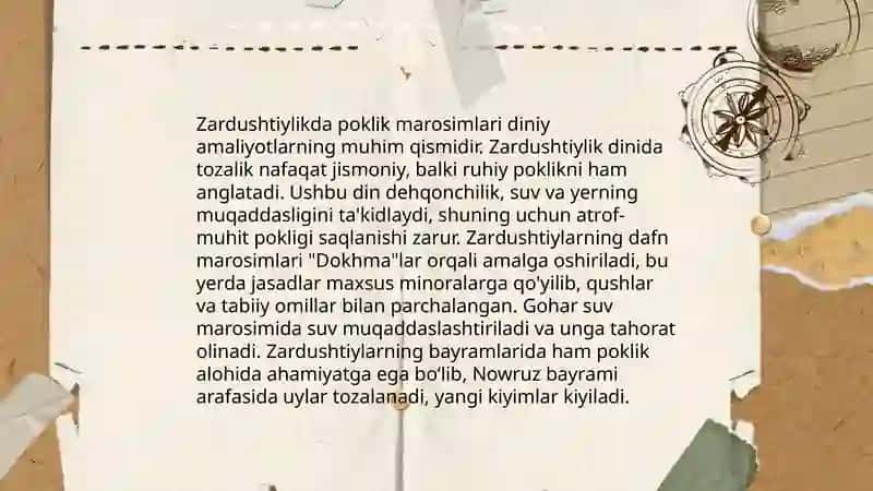 Zardushtiylik taʼlimotida urf-odat marosimlar, ma'naviy - axloqiy qarashlar 4