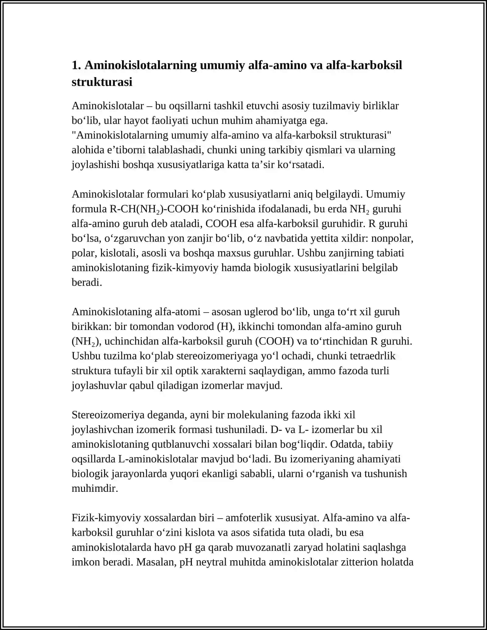 AMINOKISLOTALAR TUZILISHI STEREOIZOMERIYASI FIZIK-KIMYOVIY XOSSALARI KISLOTALI-ASOSLI XOSSALAR BIOLOGIK VAZIFALARI 4