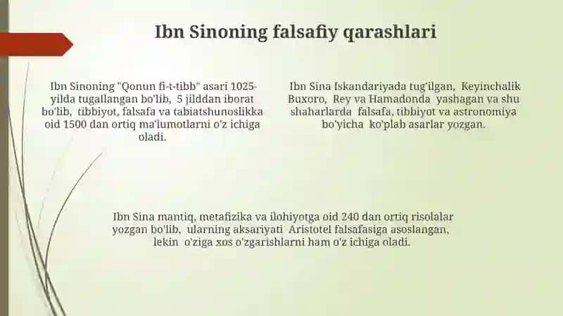 Sharq mutafakkirlari Farobiy, Beruniy, Ibn Sinoning falsafiy qarashlari 4
