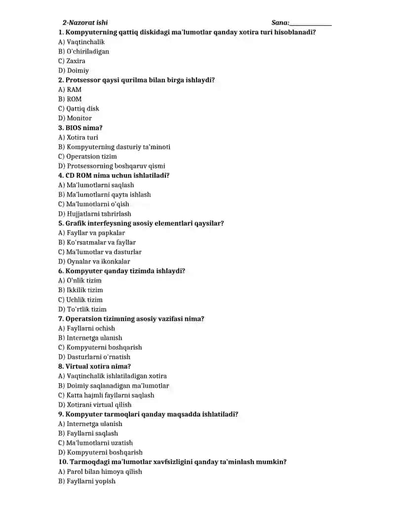 9-sinf informatika test yillik 4