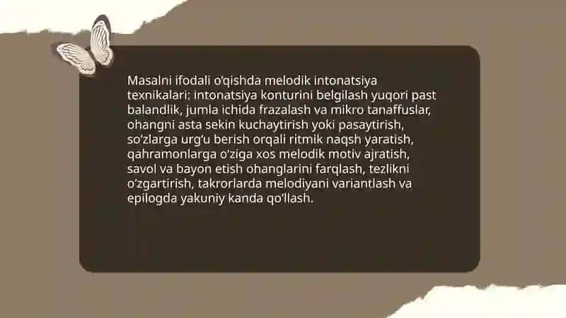 Ertak, masal, topishmoq, maqollarni ifodali o'gishda ohangdorlik va ritm 4