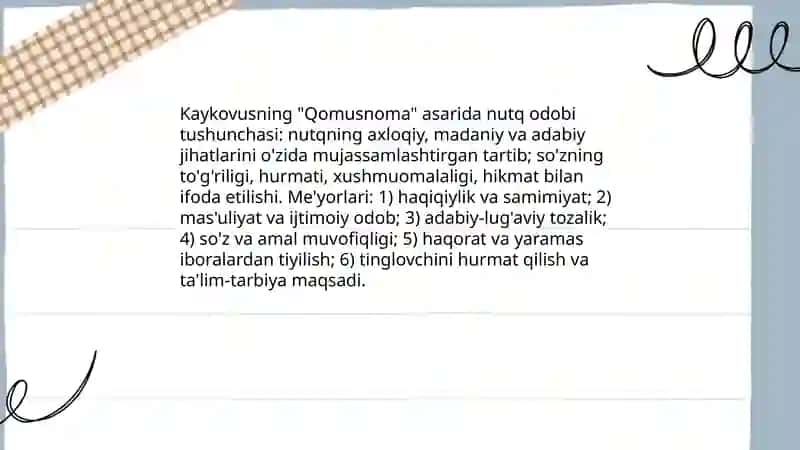 Kaykovusning "Qomusnoma" asarida nutq odobi masalasi 4
