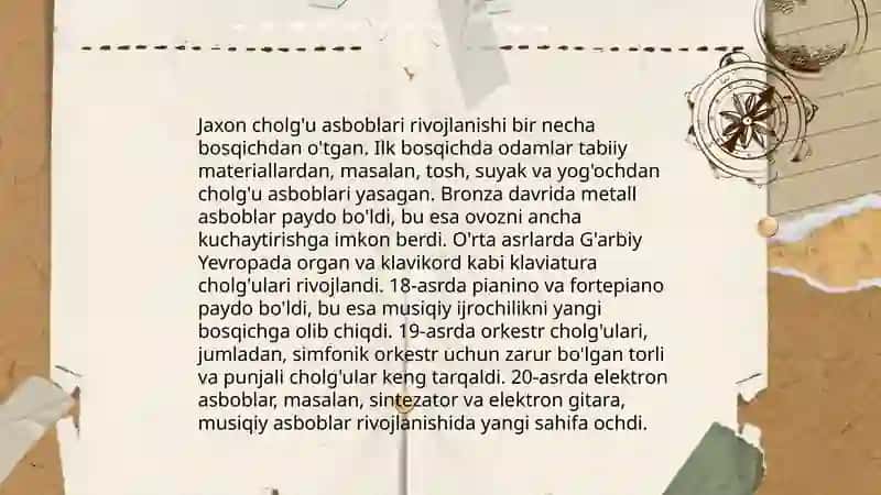 O'zbek va Jaxon cholg'u asboblari tarixi 4