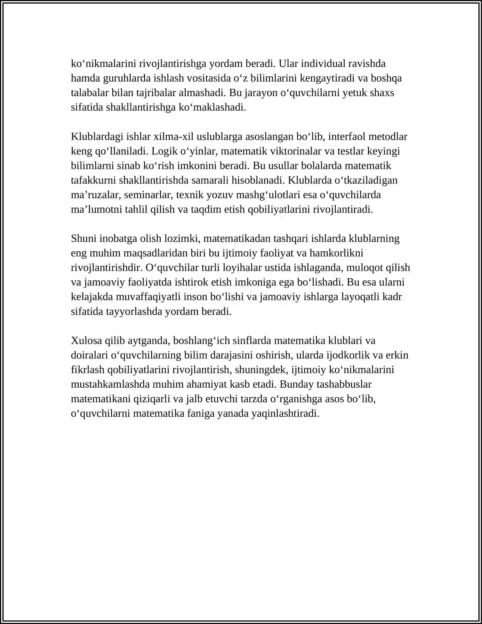 BOSHLANGʻICH SINFLARDA MATEMATIKADAN SINFDAN TASHQARI ISHLAR TURLARI 4