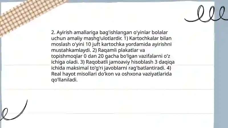 Arifmetik amallar va masalalarni bajartirishga yo'naltirilgan o'yinlar 4