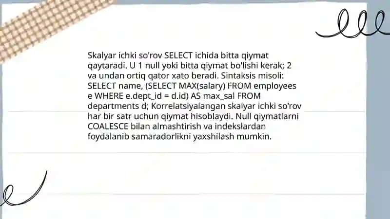 Korrelyatsiyalangan ichki so'rovlar (correlated subqueries) va ishlash mexanizmi 4