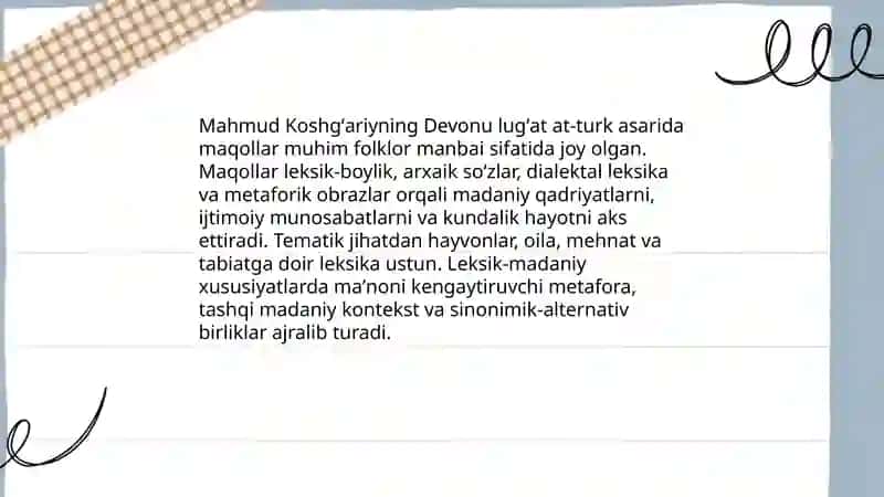 Mahmud Koshgʻariyning "Devonu Lugʻat at-Turk" asaridagi folklor namunalarining umumiy tasnifi 4