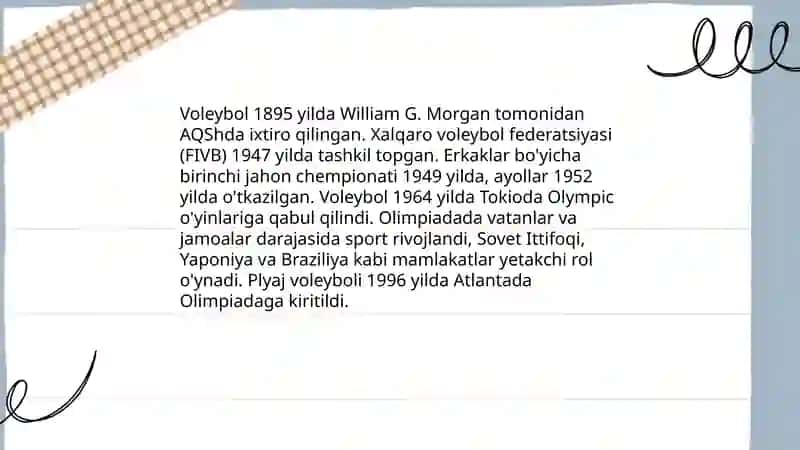 Voleybol õyinining tarixi,qoidalari,texnikasi va taktikasi 4