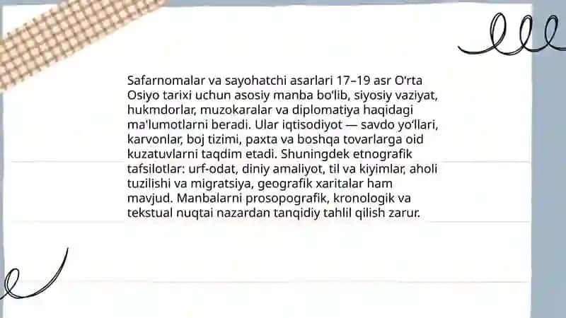 Oʻrta Osiyoning 17-19 asr tarixiga oid yozma manbalari 4