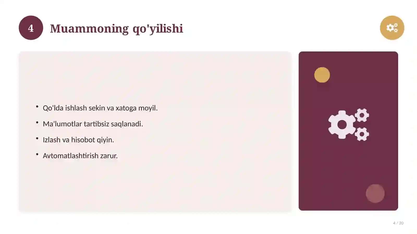 Ma'lumotlar bazasi: nazariy asoslari, tizimli yondashuvda (Magistrlik dissertatsiyasi mavzusi) 4