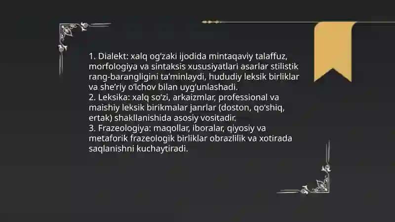 Xalq ogʻzaki ijodining oʻziga xos belgilari, janrlari 4