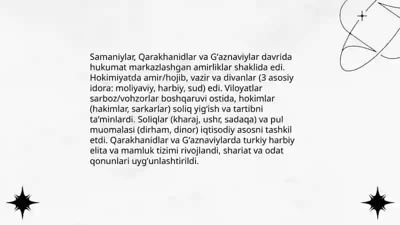 9 - 12 asrlarda O'rta osiyoda siyosiy, ijtimoiy va iqtisodiy hayotga umumiy nazar 4