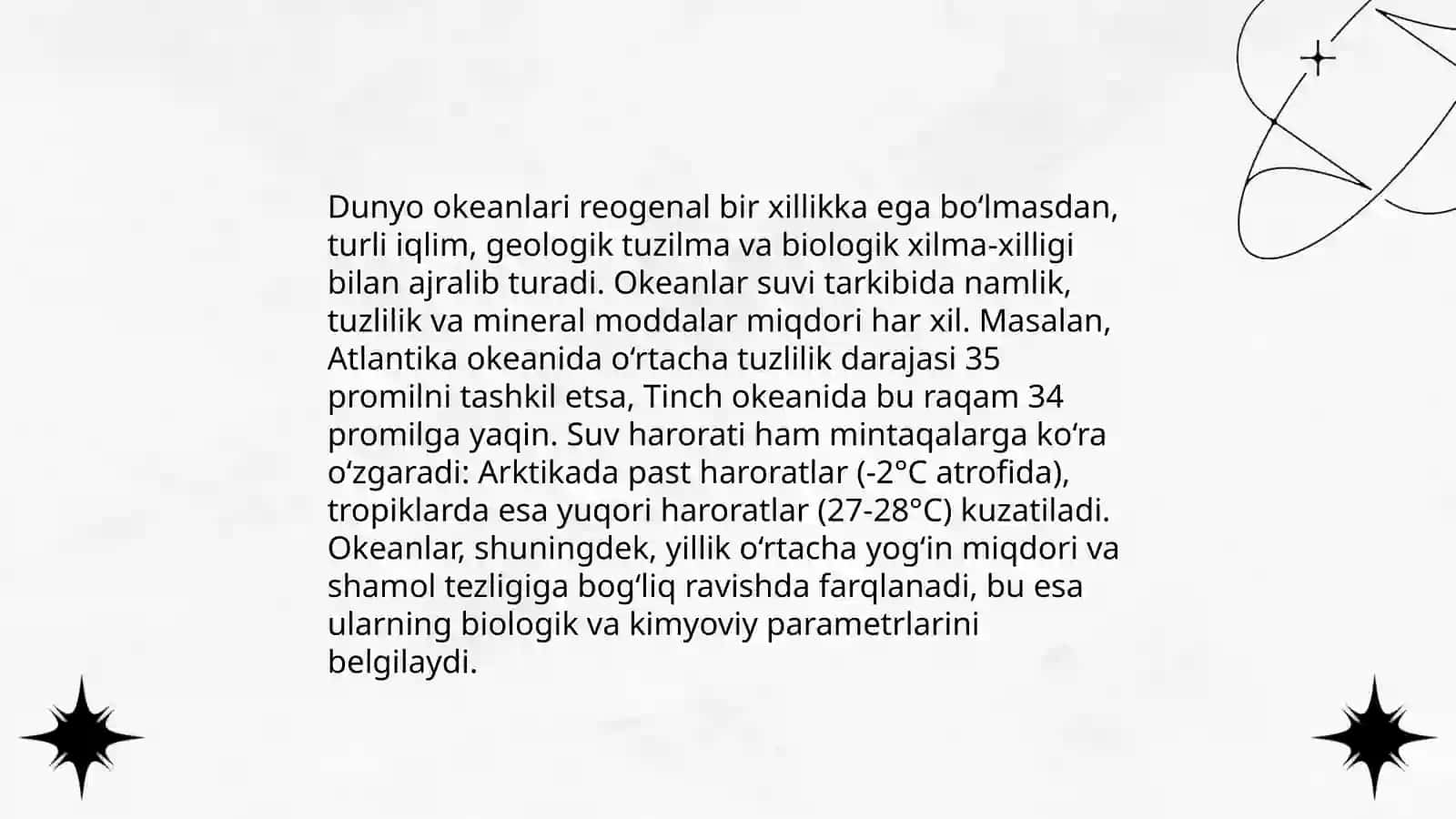 Dunyo okeanining reogenal birxilligi umumiy tabiiy geografik tarifi Tojimamatova oydinoy 4