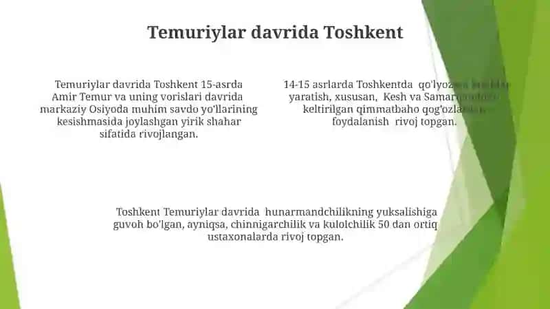 Toshkent shahri tarixi va rivojlanish xususiyatlari 4