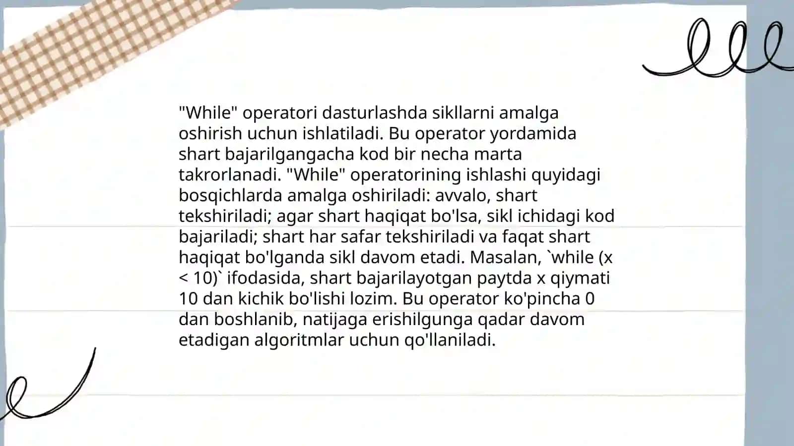 Python dasturlash tilida while operatori va uning qo‘llanilishiga doir misollar 4