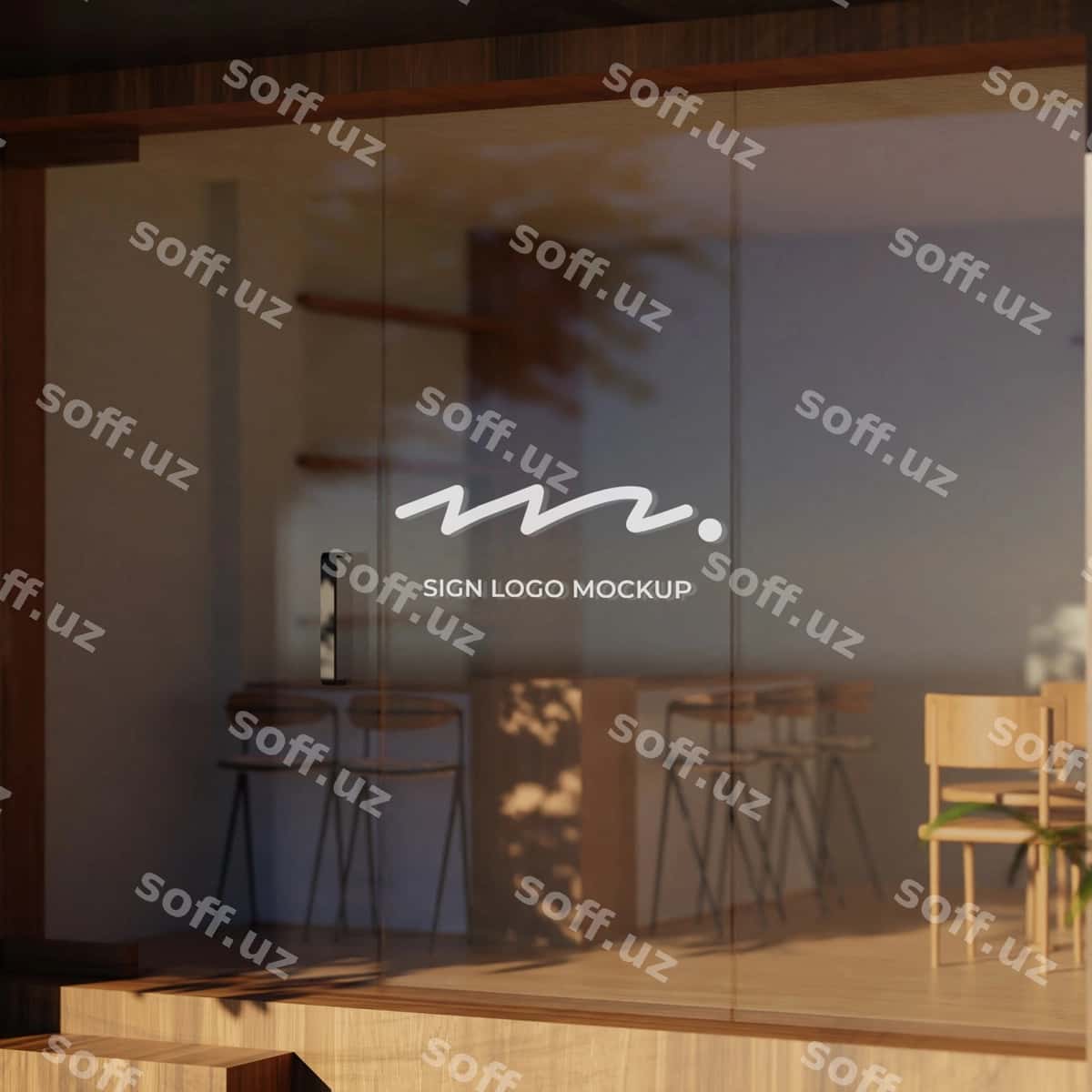 Oyna stekli doʻkon fasadsi logotip namunasi | Window glass storefront logo mockup 1