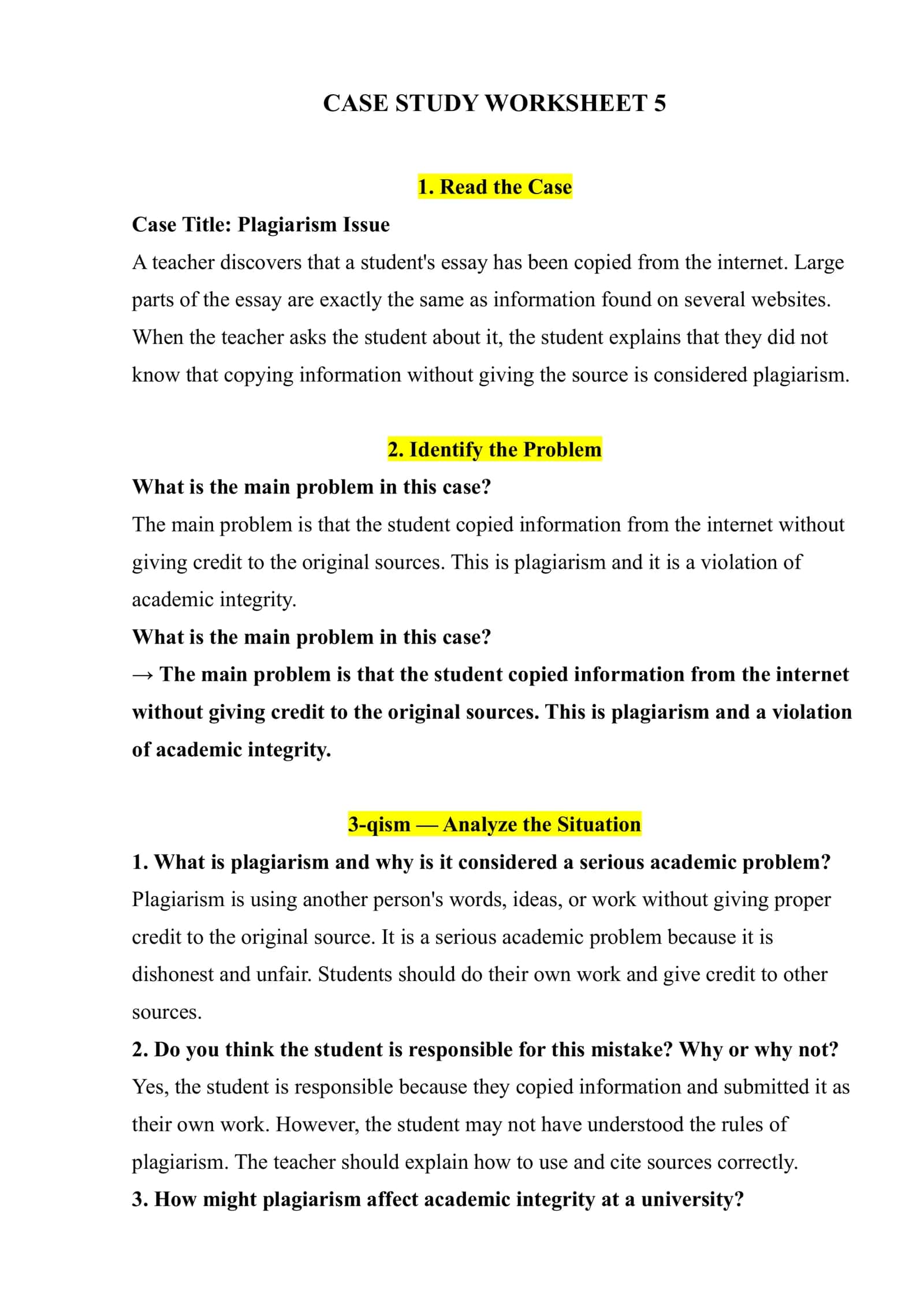CASE STUDY WORKSHEET 5