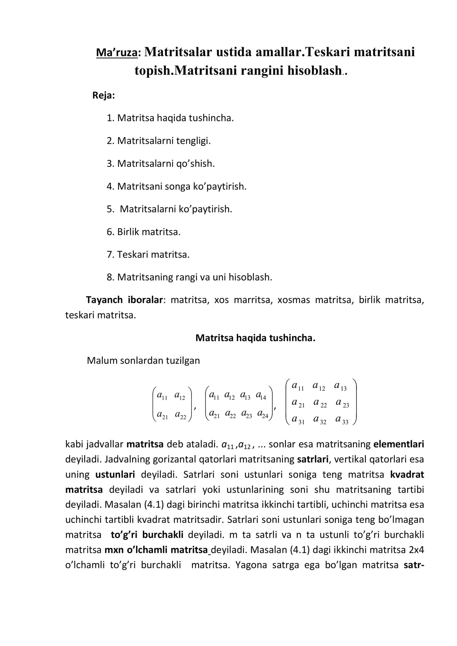 Matritsa ustida amallar