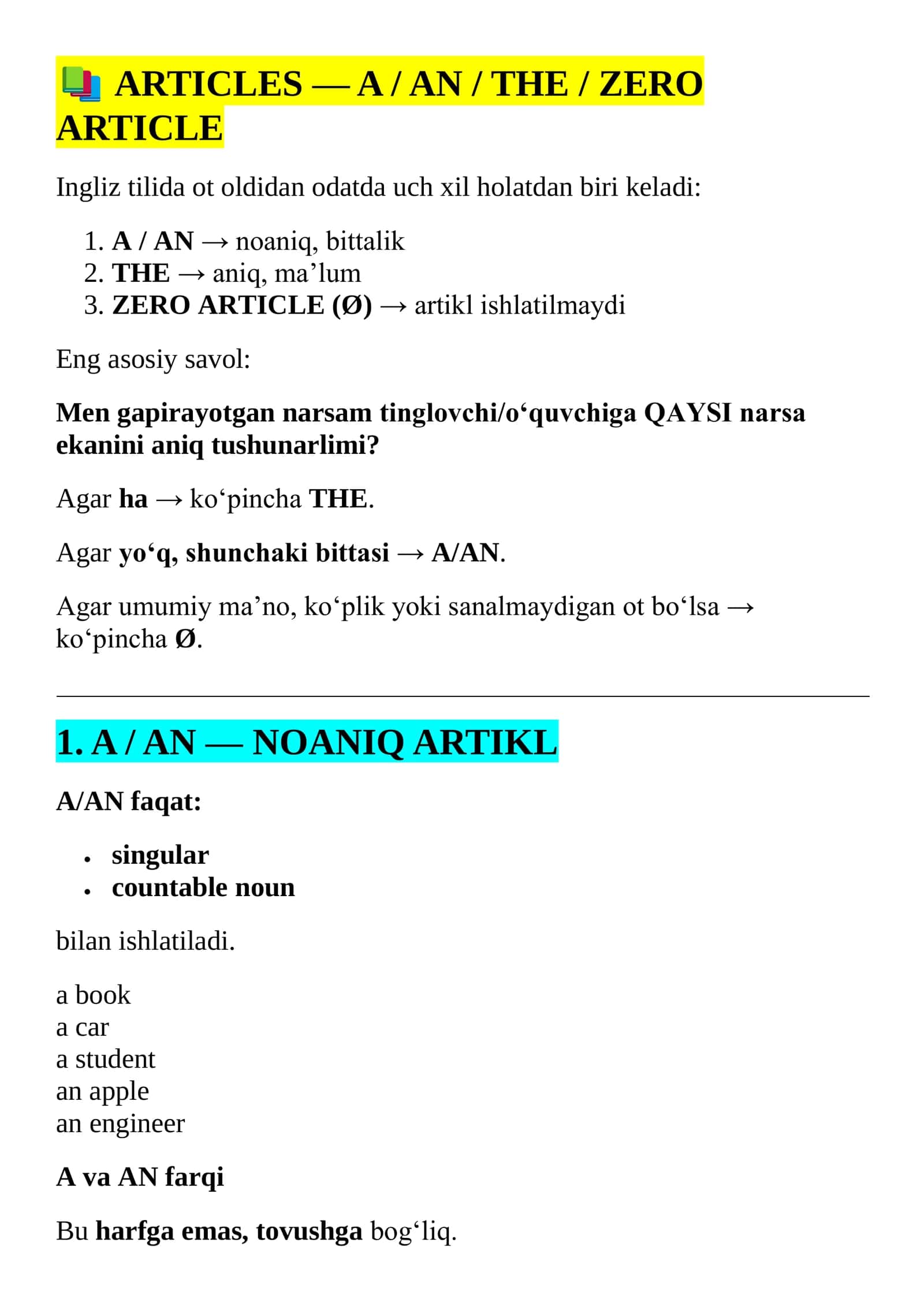 ARTICLES — A / AN / THE / ZERO