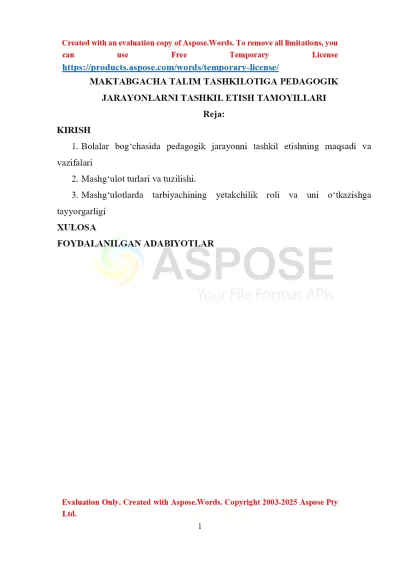 MAKTABGACHA TALIM TASHKILOTIGA PEDAGOGIK JARAYONLARNI TASHKIL ETISH TAMOYILLARI