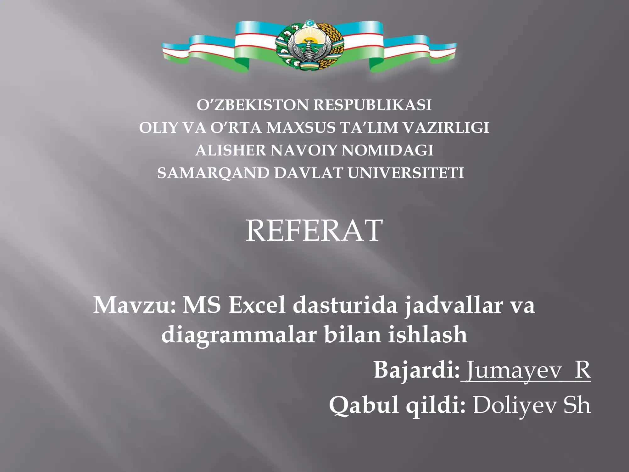 MS Excel dasturida jadvallar va diagrammalar bilan ishlash