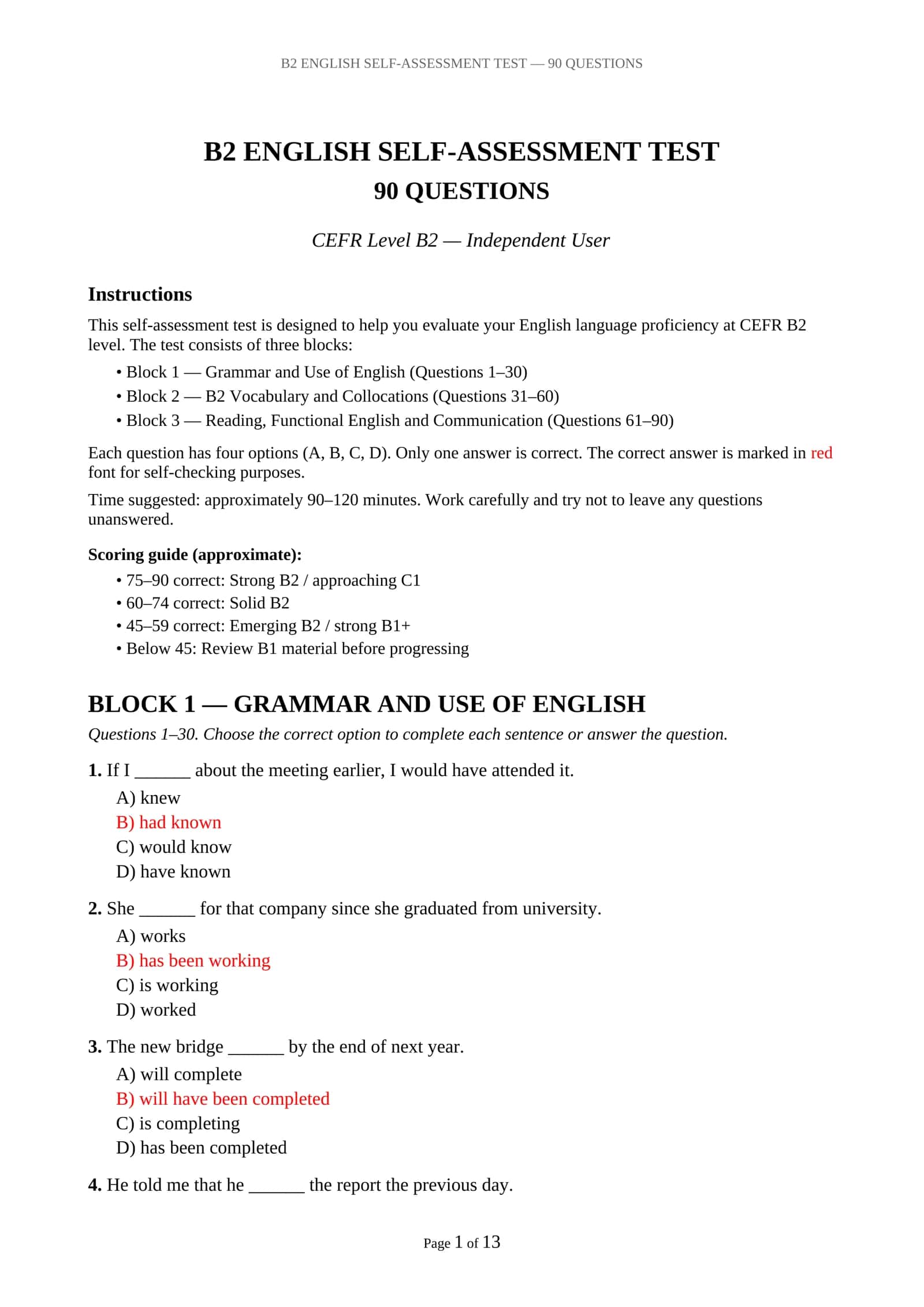 B2 ENGLISH SELF-ASSESSMENT TEST — 90 QUESTIONS