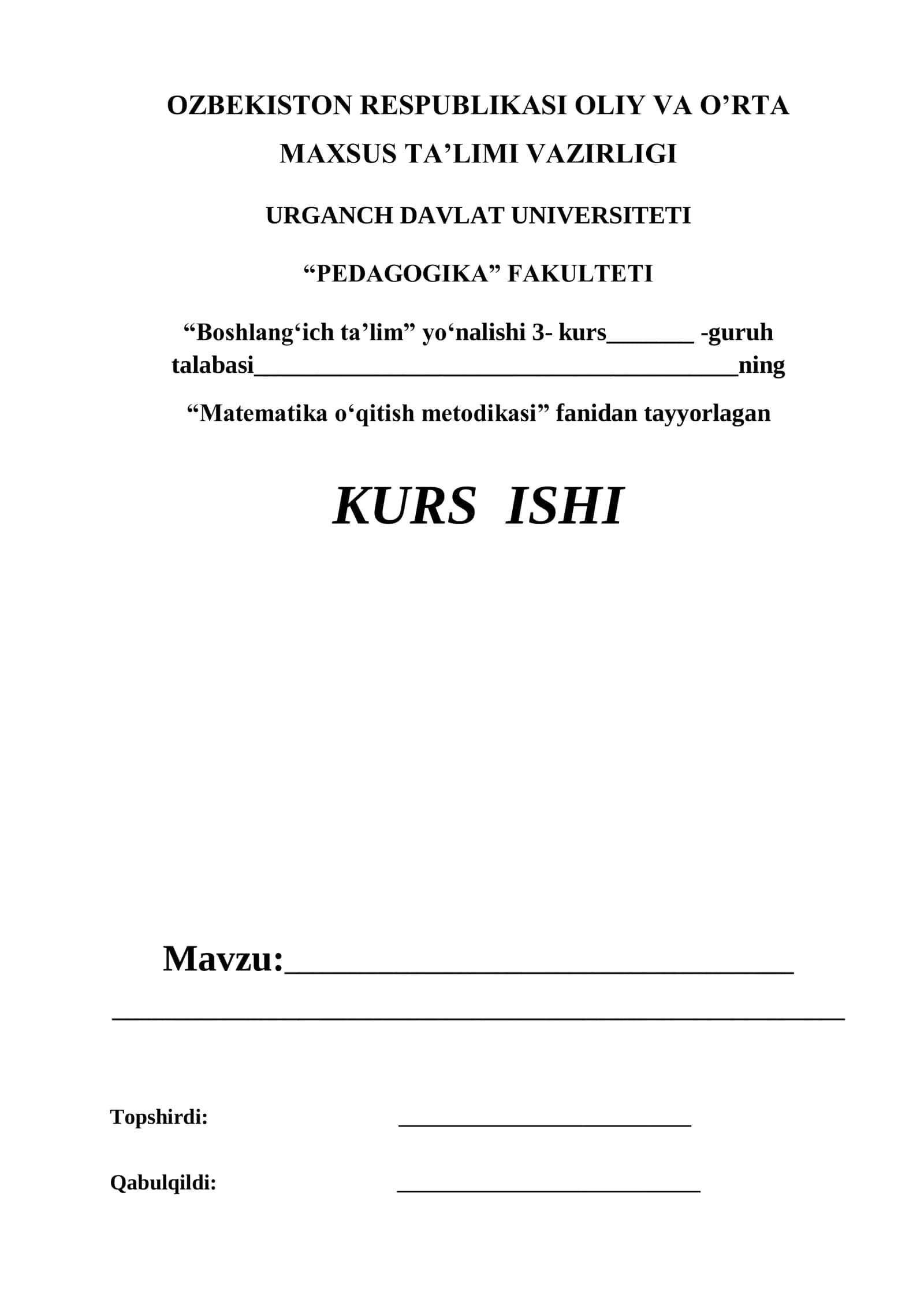"Matematika o‘qitish metodikasi" KURS ISHI