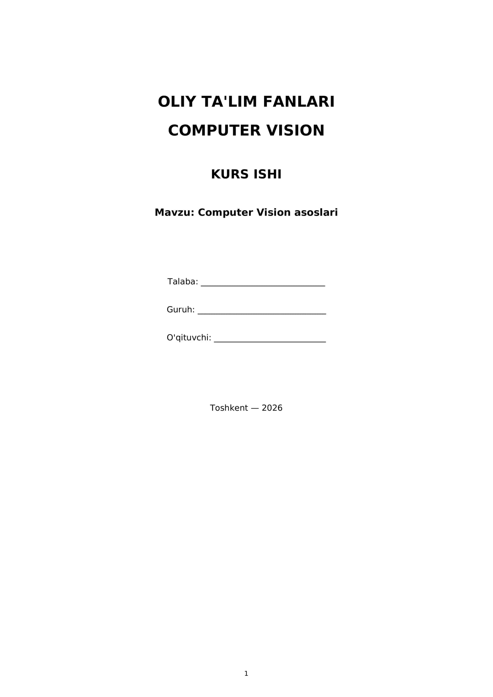OLIY TA'LIM FANLARI COMPUTER VISION KURS ISHI